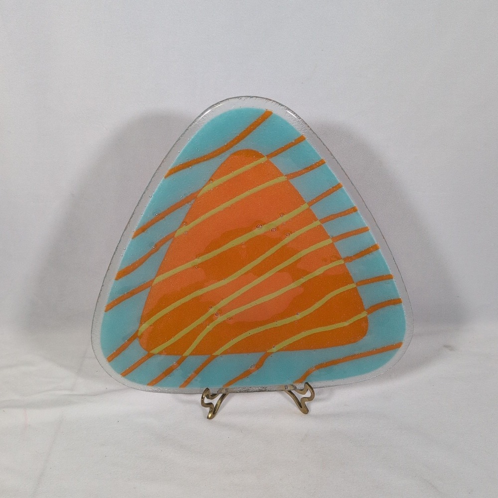 Peggy Karr Fuzion Collection 12" Side Triangle Plate Striped Teal Orange RARE